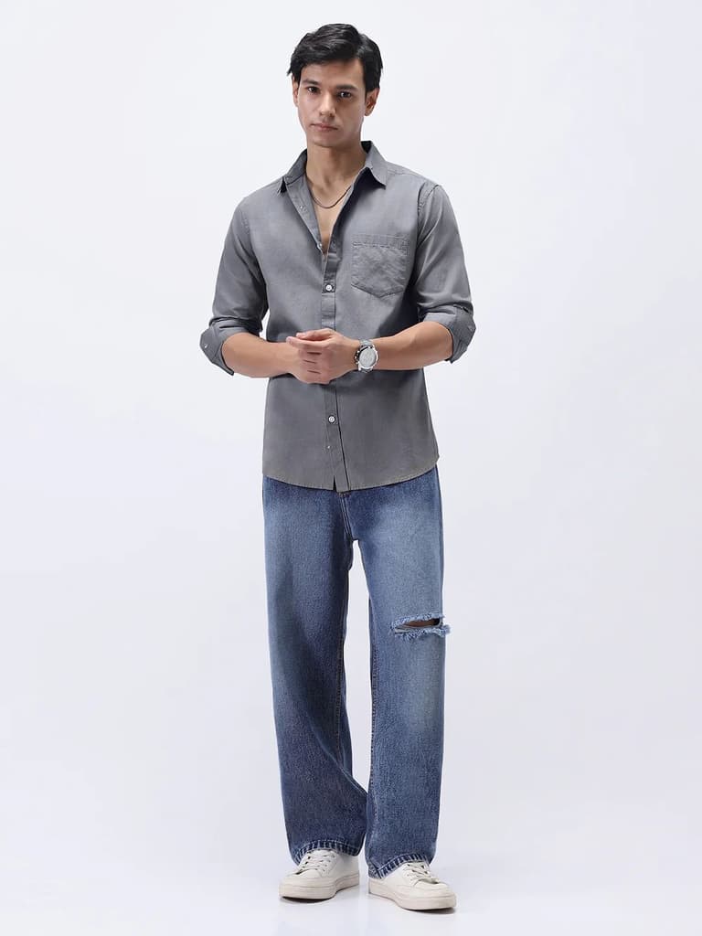 Men's Grey Cotton Full Sleeve Regular Fit Casual Solid Slub Shirt with Spread Collar — photo 4
