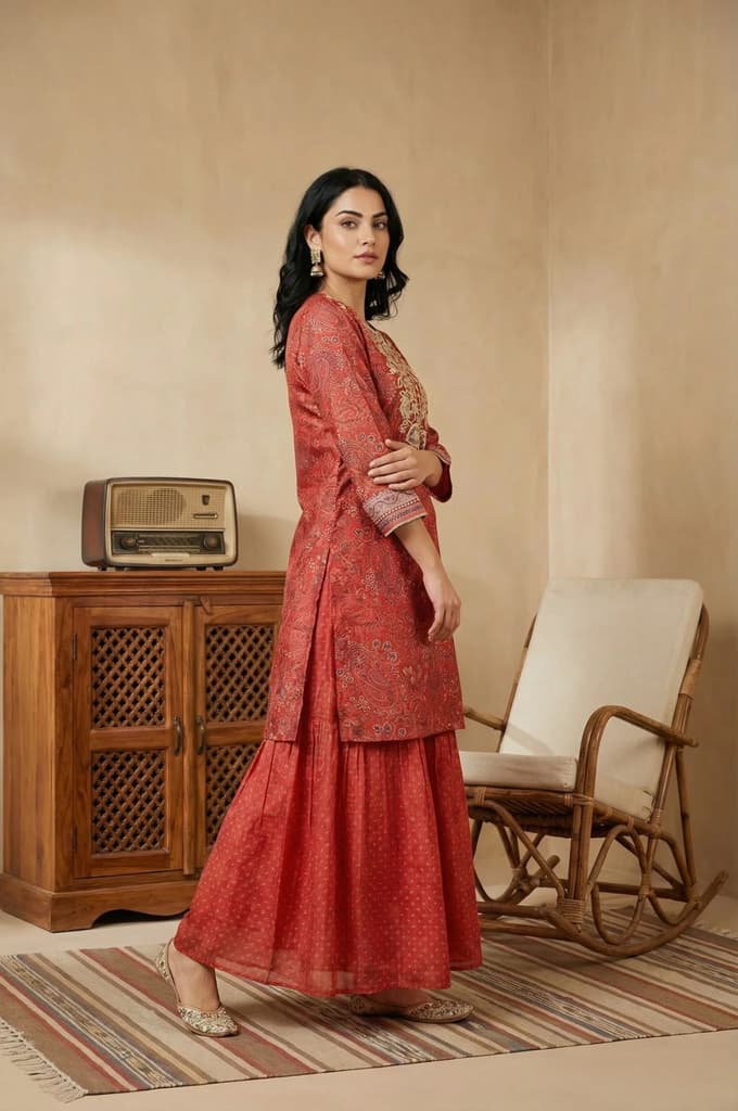 Red Zari Embroidered Paisley Printed Chanderi Straight Kurta with Sharara and Dupatta Set — photo 6