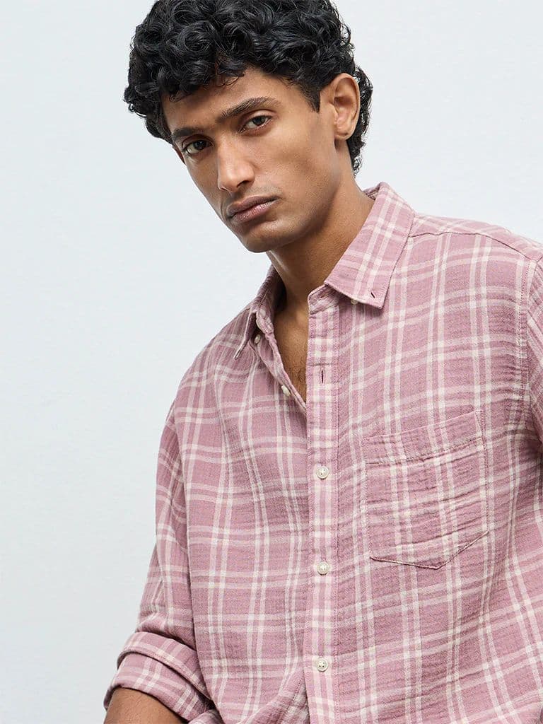 WES Casuals Dusty Pink Checks Relaxed-Fit Cotton Shirt — photo 4