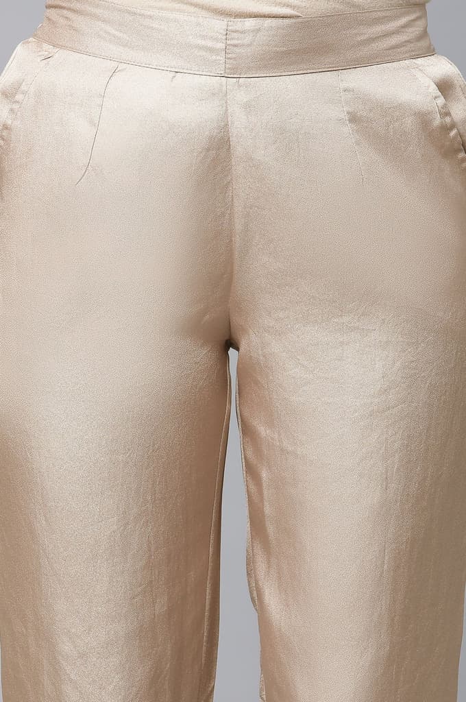 Gold Solid Straight Fit Satin Pants With Elasticated Waist — photo 6