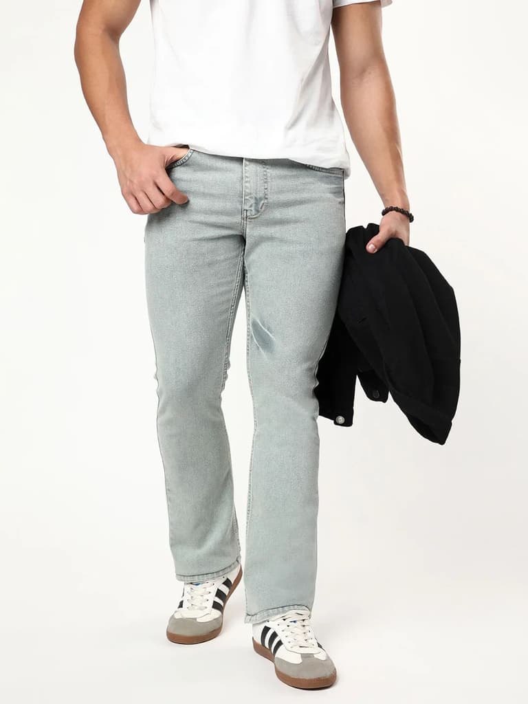 Men's Ice Grey Bootcut Fit Mid Rise Acid Wash Jeans Stretchable — 28 / Ice Grey