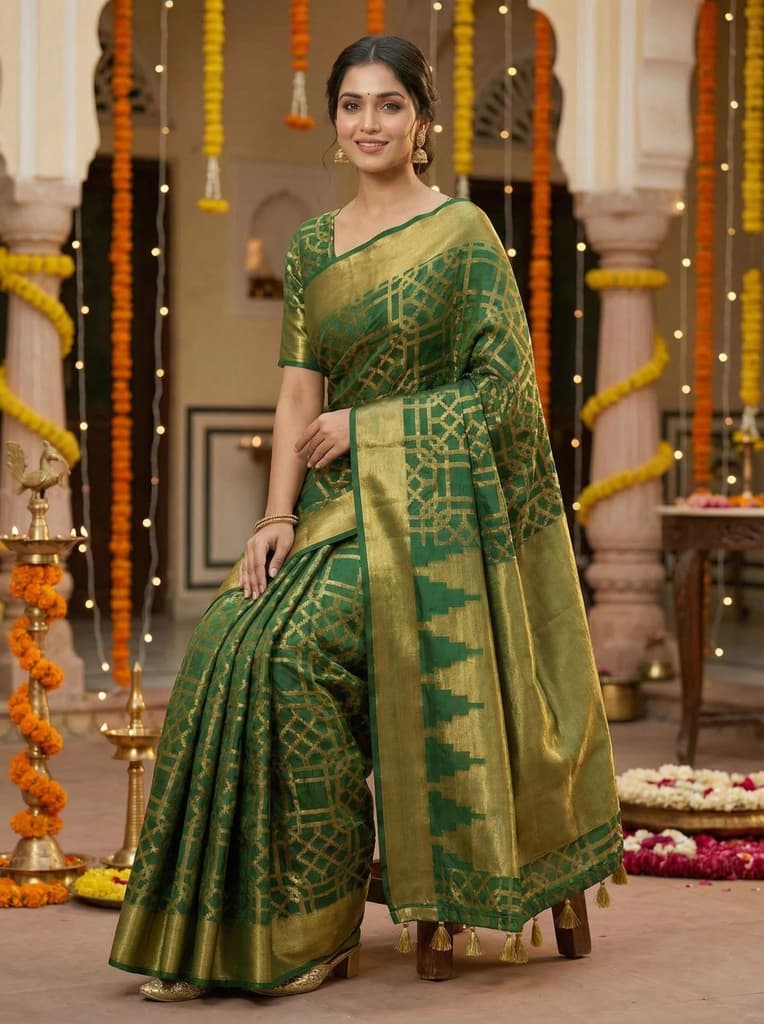 MIMOSA Women's Woven Design Banarasi Style Art Silk Saree with Blouse Piece - Green ( SA00003121GRNFREE ) — photo 4