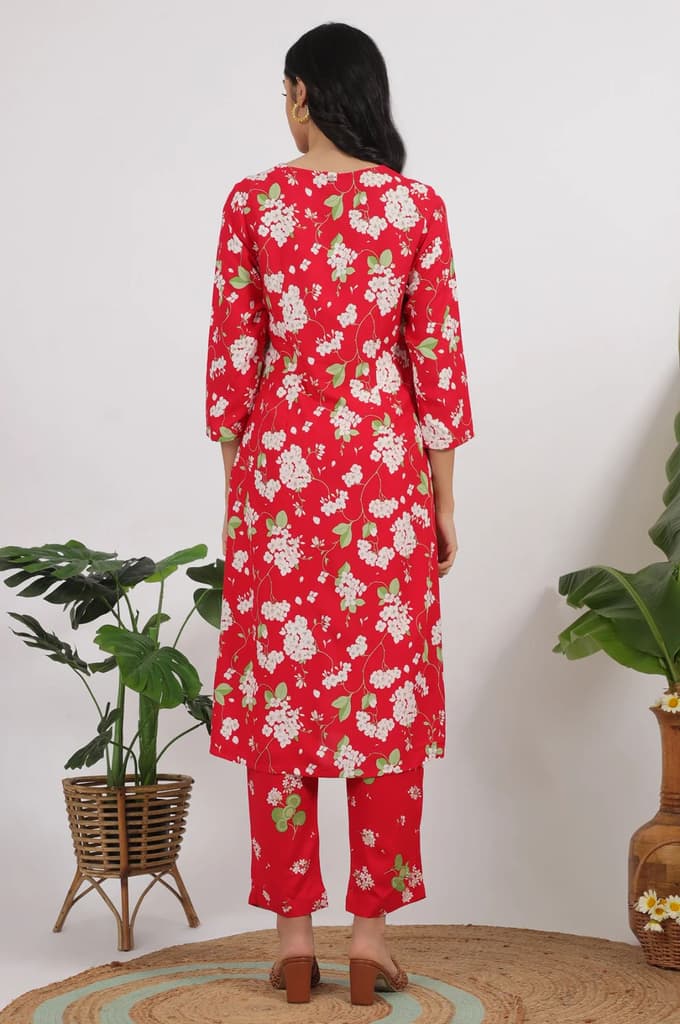 Red Floral Printed Beaded Rayon Straight Kurta and Pants Co-ord Set — photo 6