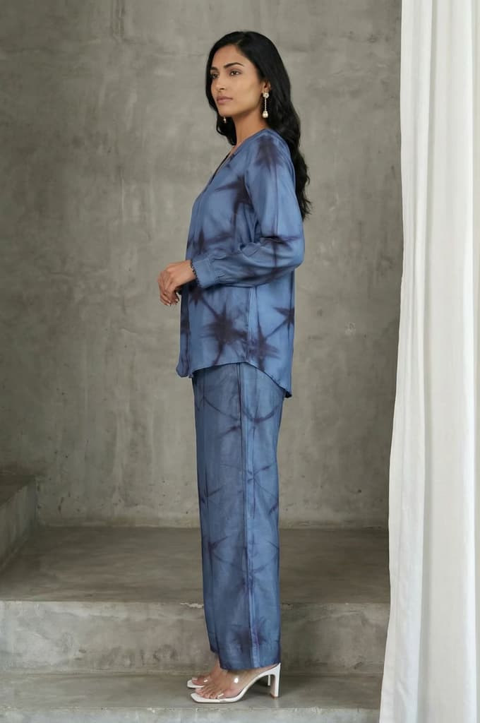 Blue Shibori Printed Satin Straight Top with Pants Co-ord Set — photo 4