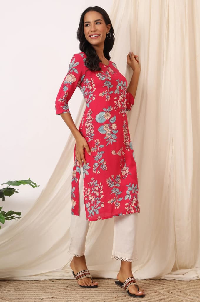 Pink Floral Printed Modal Straight Kurta — photo 7