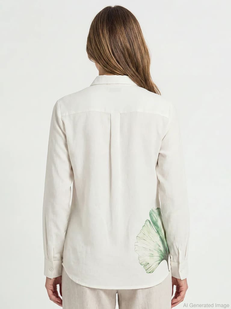 Shirts for Women in White | Cotton Linen Floral Full Sleeve Shirt — photo 6