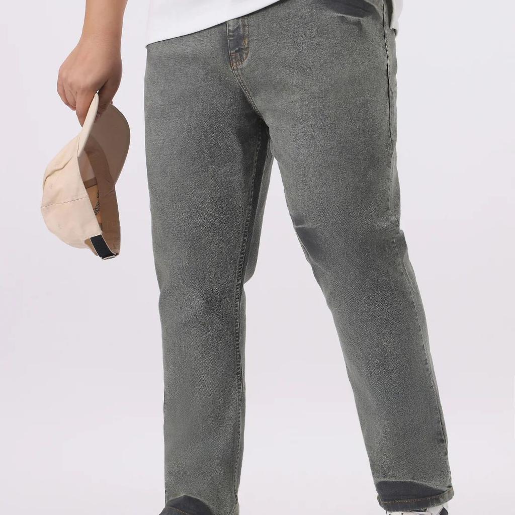 Plus Men's Light Grey Straight Fit Heavy Washed Jeans Stretchable
