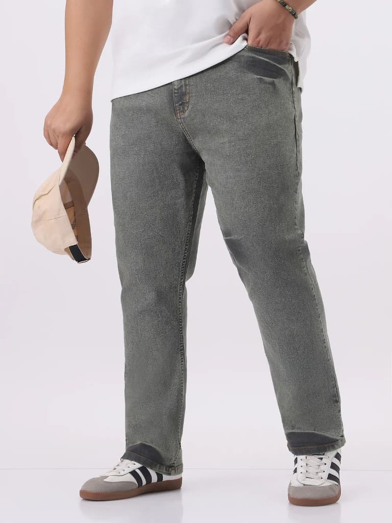 Plus Men's Light Grey Straight Fit Heavy Washed Jeans Stretchable — 36 / Light Grey