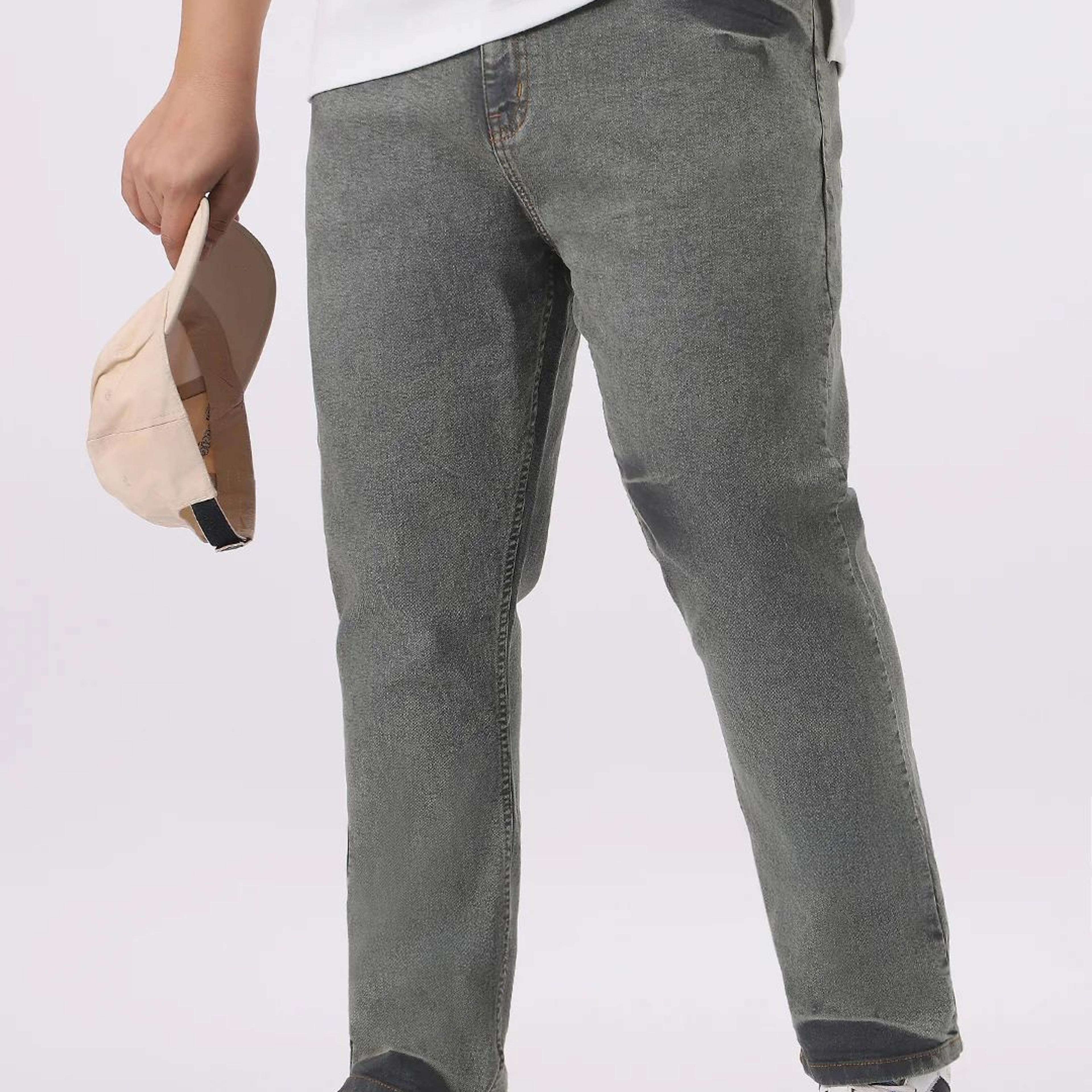 Plus Men's Light Grey Straight Fit Heavy Washed Jeans Stretchable