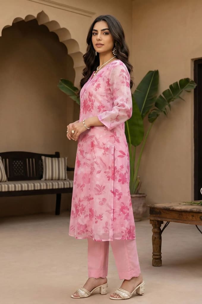 Pink Floral Printed Organza Straight Kurta with Pants and Dupatta Set — photo 3