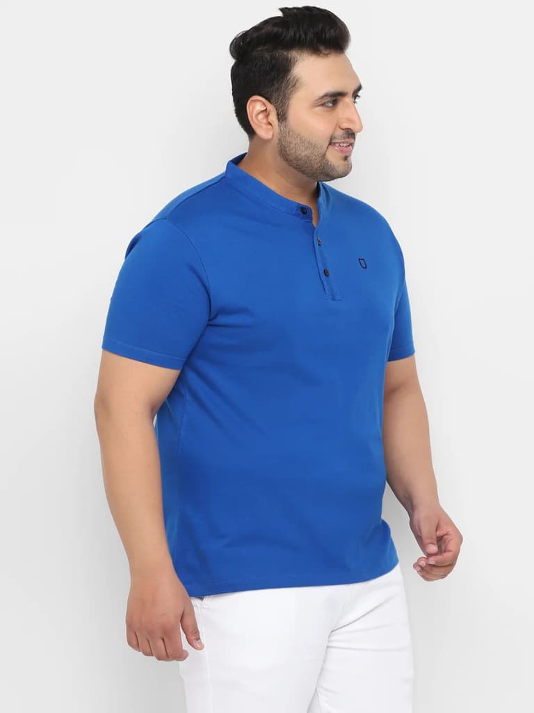 Plus Men's Royal Blue Solid Mandarin Collar Regular Fit Cotton T-Shirt — photo 4