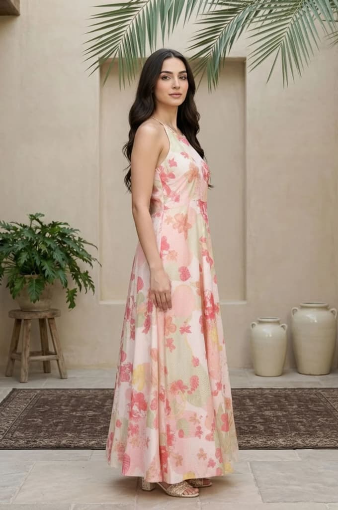 Pink Floral Printed Flared Dress with Dupatta Set — photo 5