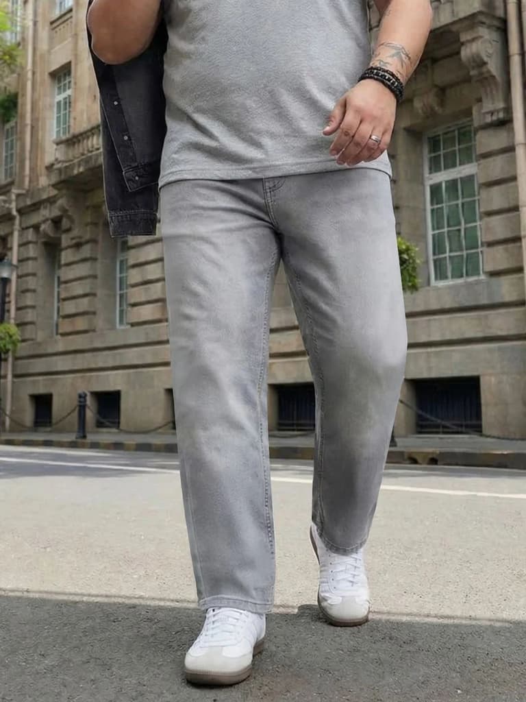 Plus Men's Ice Grey Straight Fit Heavy Washed Faded Denim Jeans Stretchable — 36 / Ice Grey