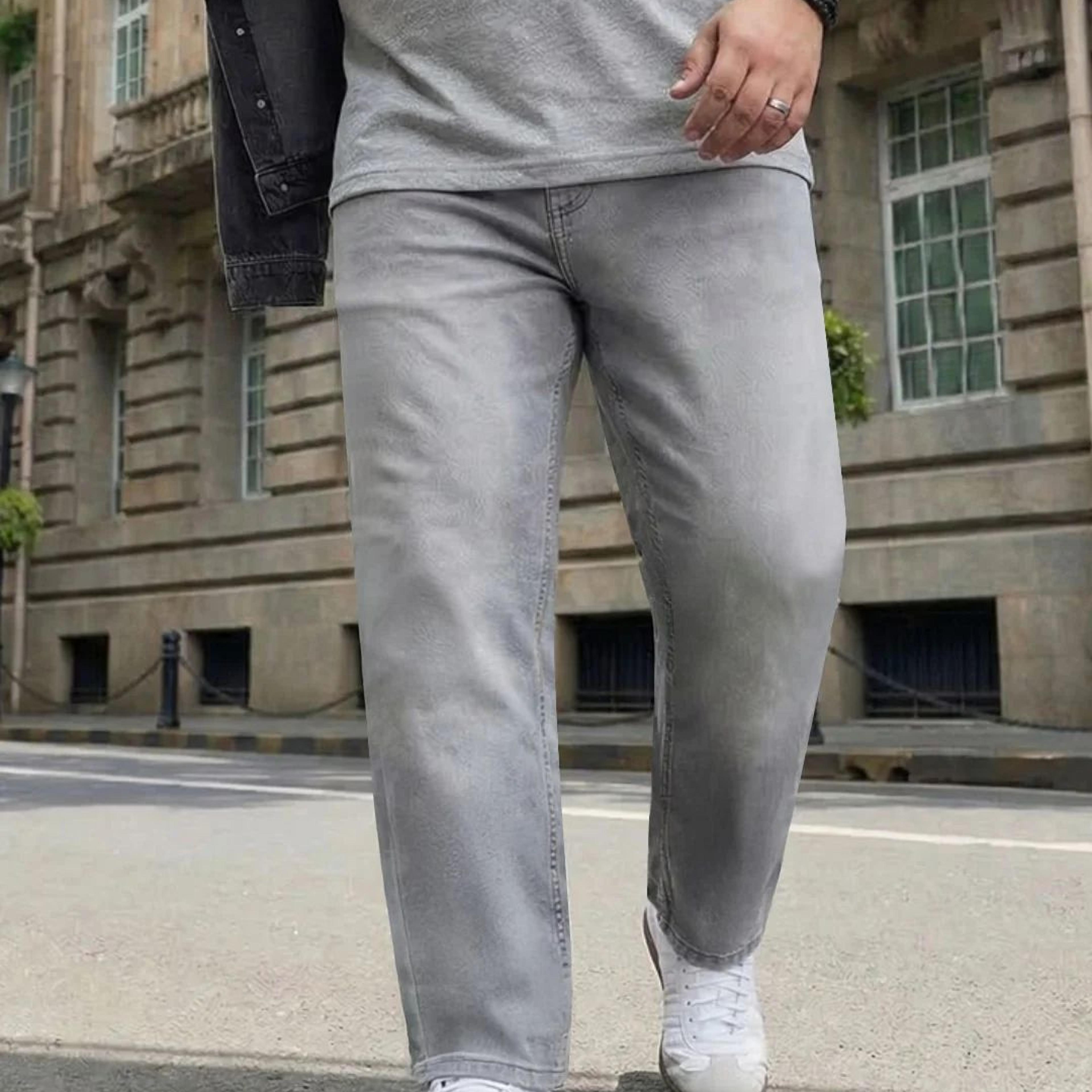 Plus Men's Ice Grey Straight Fit Heavy Washed Faded Denim Jeans Stretchable