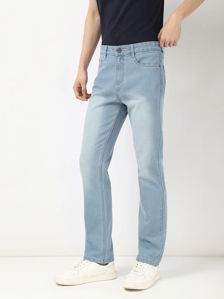 Men's Ice Blue Straight Fit Washed Jeans Stretchable — photo 3