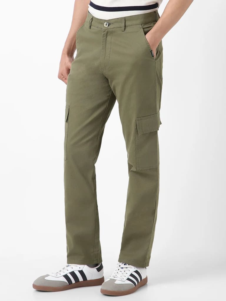 Men's Olive Regular Fit Solid Cargo Chino Pant with 6 Pockets Stretchable — photo 2