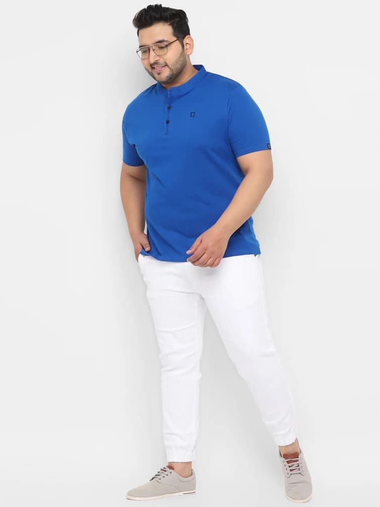 Plus Men's Royal Blue Solid Mandarin Collar Regular Fit Cotton T-Shirt — photo 7