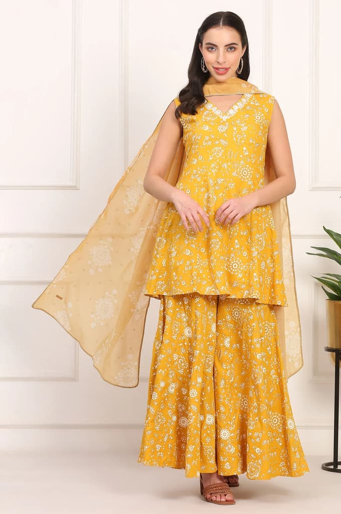 Mango Yellow Floral Printed Embroidered Neck Flared Kurta, Sharara and Dupatta Set — photo 2