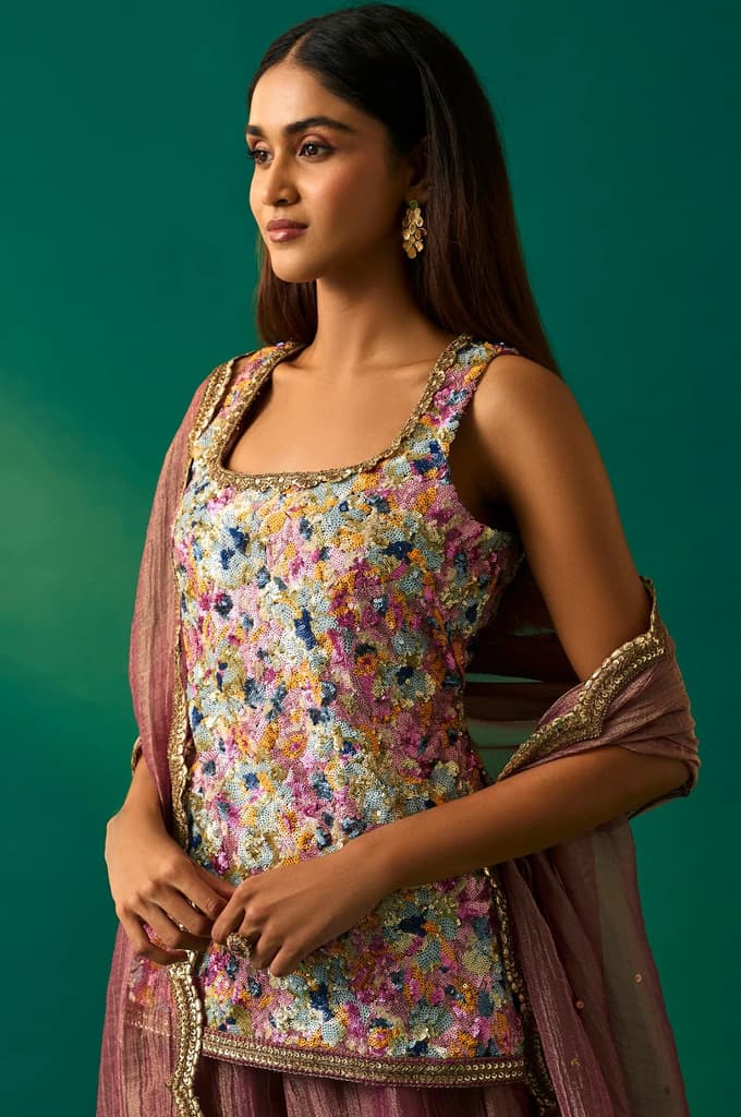 Multicolor Embroidered Straight Tissue Kurta with Culottes and Dupatta Set — photo 2