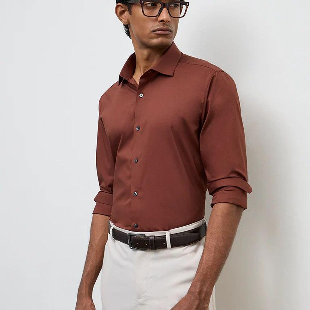 WES Formals Brown Ultra Slim-Fit Cotton-Blend Shirt