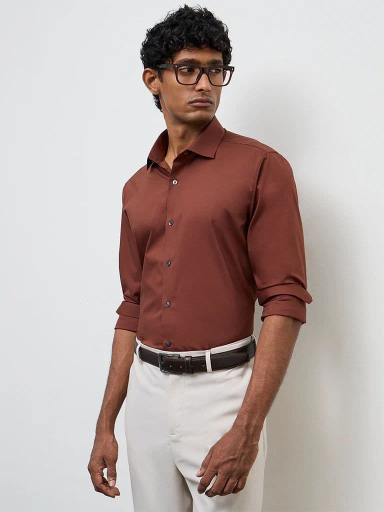 WES Formals Brown Ultra Slim-Fit Cotton-Blend Shirt