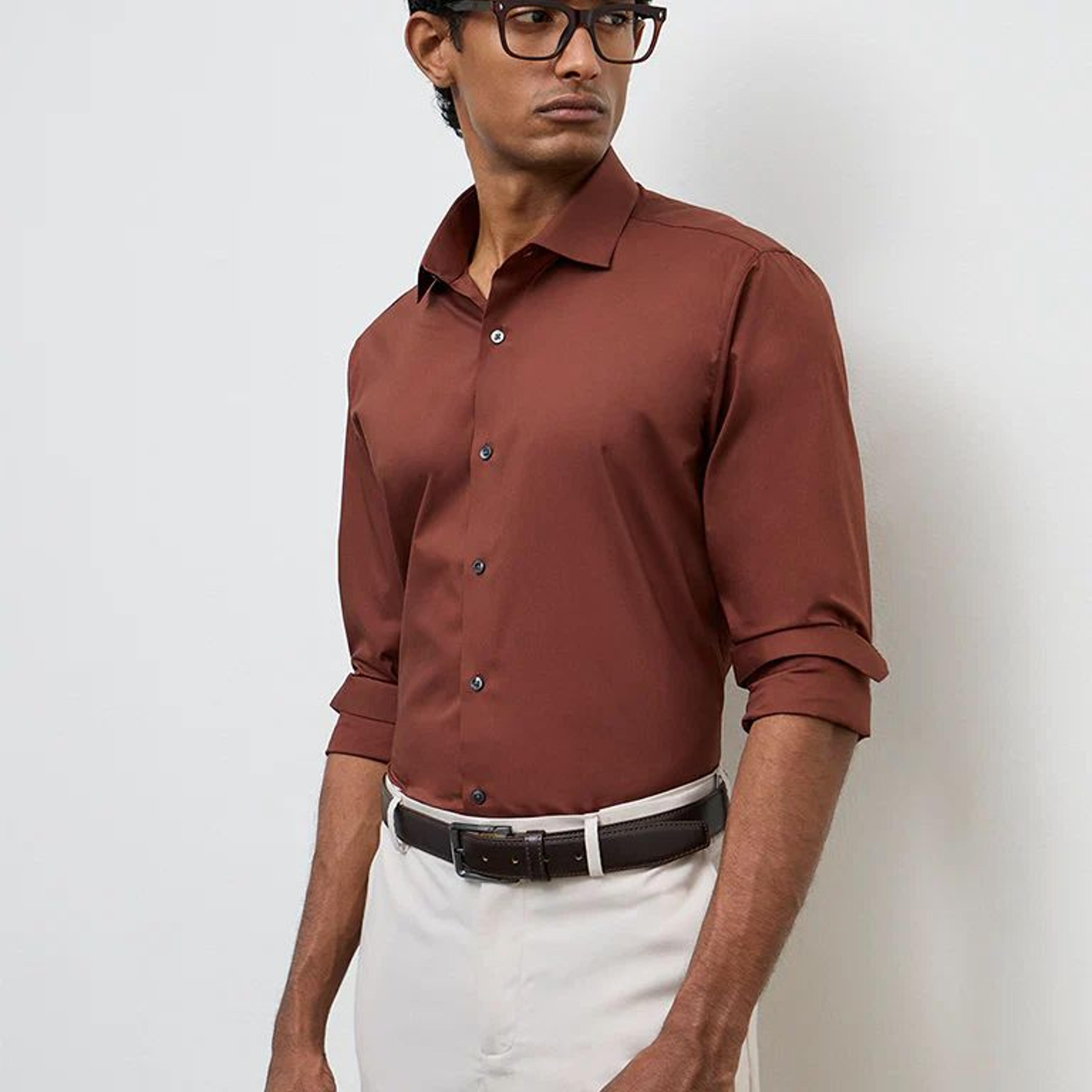 WES Formals Brown Ultra Slim-Fit Cotton-Blend Shirt