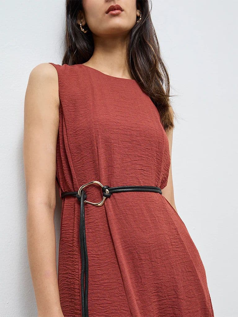 Wardrobe Dark Rust Crinkle-Textured A-Line Dress with Belt — photo 3