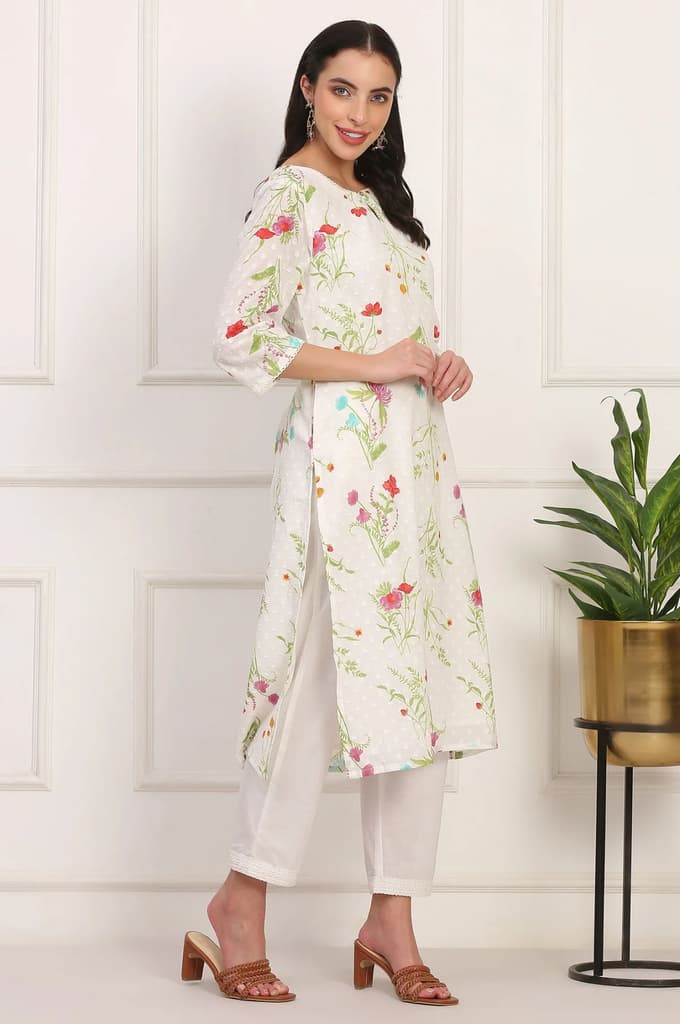 Ecru Floral Printed Straight Pure Cotton Kurta — photo 6