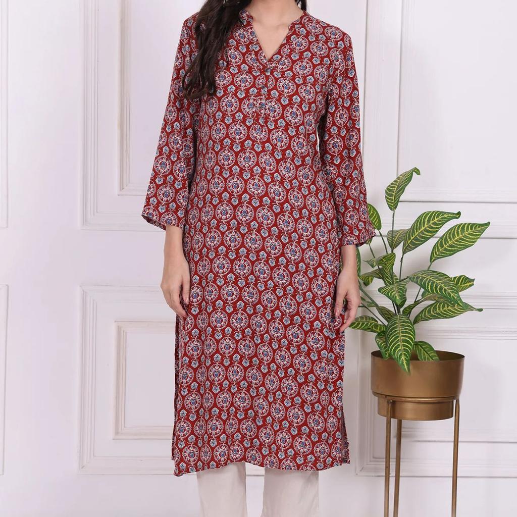 Red Floral Printed Rayon Straight Kurta
