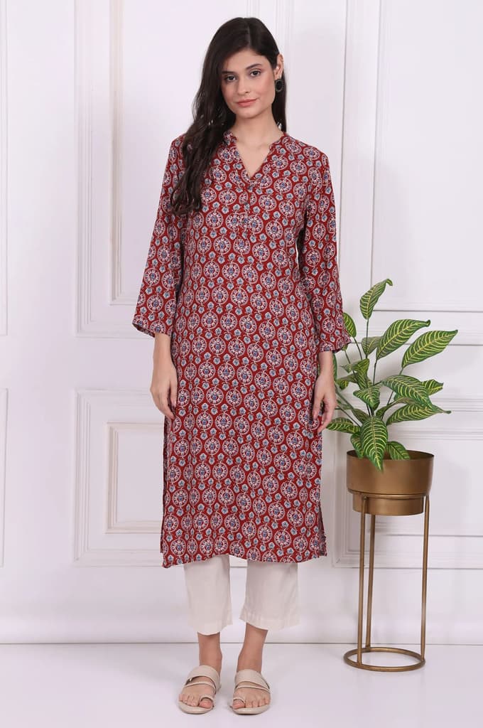 Red Floral Printed Rayon Straight Kurta — XS