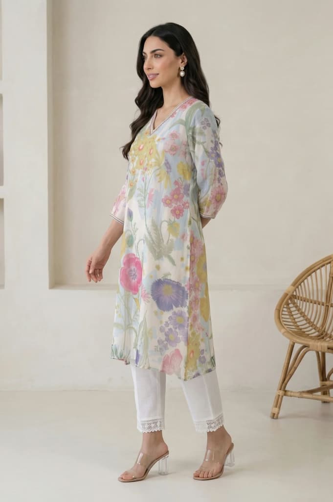 Off White Floral Printed Chiffon Straight Kurta — photo 4
