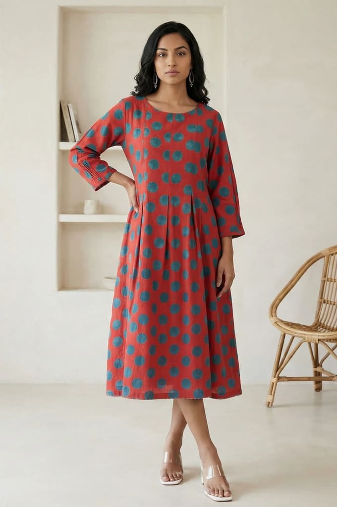 Red Polka Dots Pure Cotton A-line Dress — XS