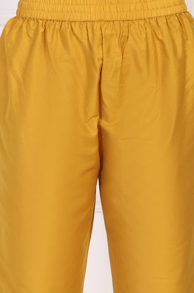 Yellow Floral Printed Beaded A-Line Tissue Kurta with Straight Pant Set — photo 8