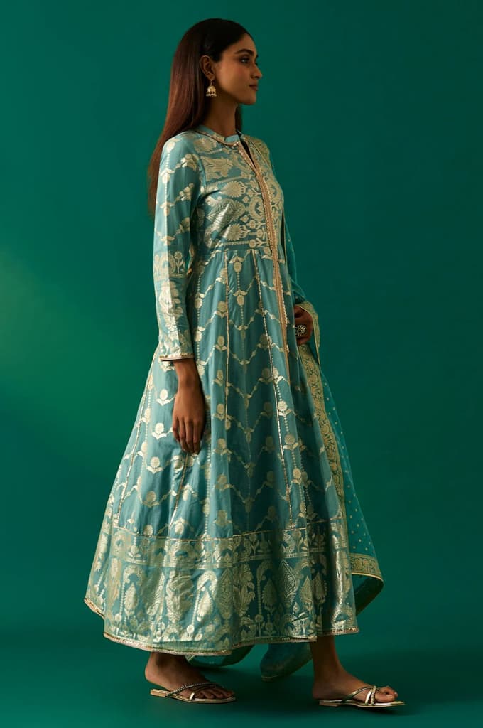 Aqua Green Zari Embroidered Jacquard Anarkali and Dupatta Set — photo 2