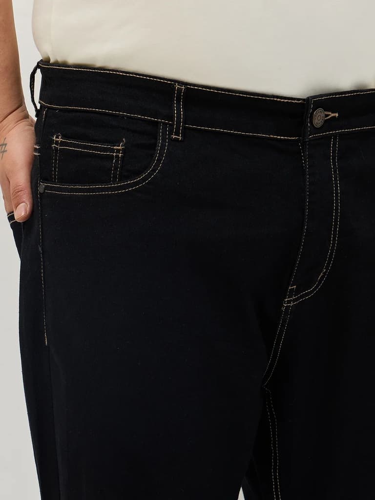 Plus Men's Black Straight Fit Raw Washed Denim Jeans Stretchable — photo 5