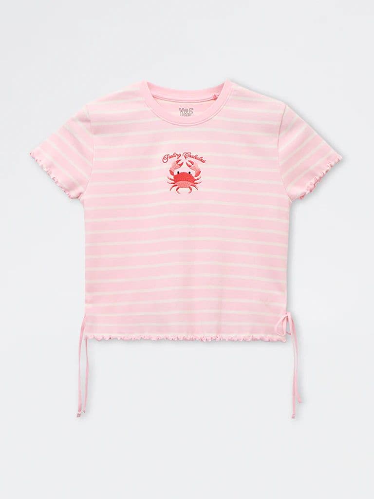 Y&F Kids Girls Pink Striped Cotton-Blend T-Shirt — photo 4