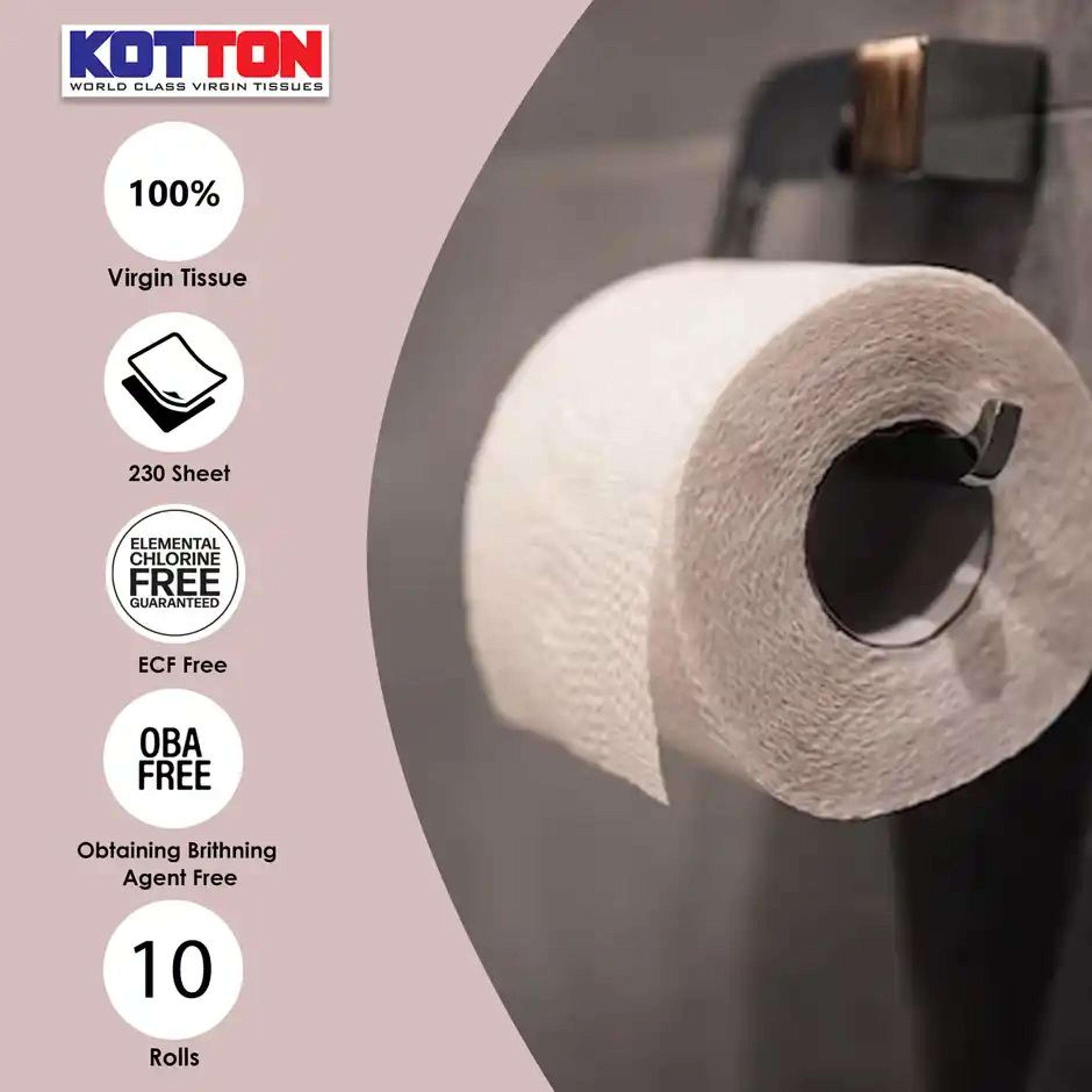 Kotton Toilet Roll - 2 Ply -100% Virgin Pulp/Paper, Pack of 10 ,230 sheets