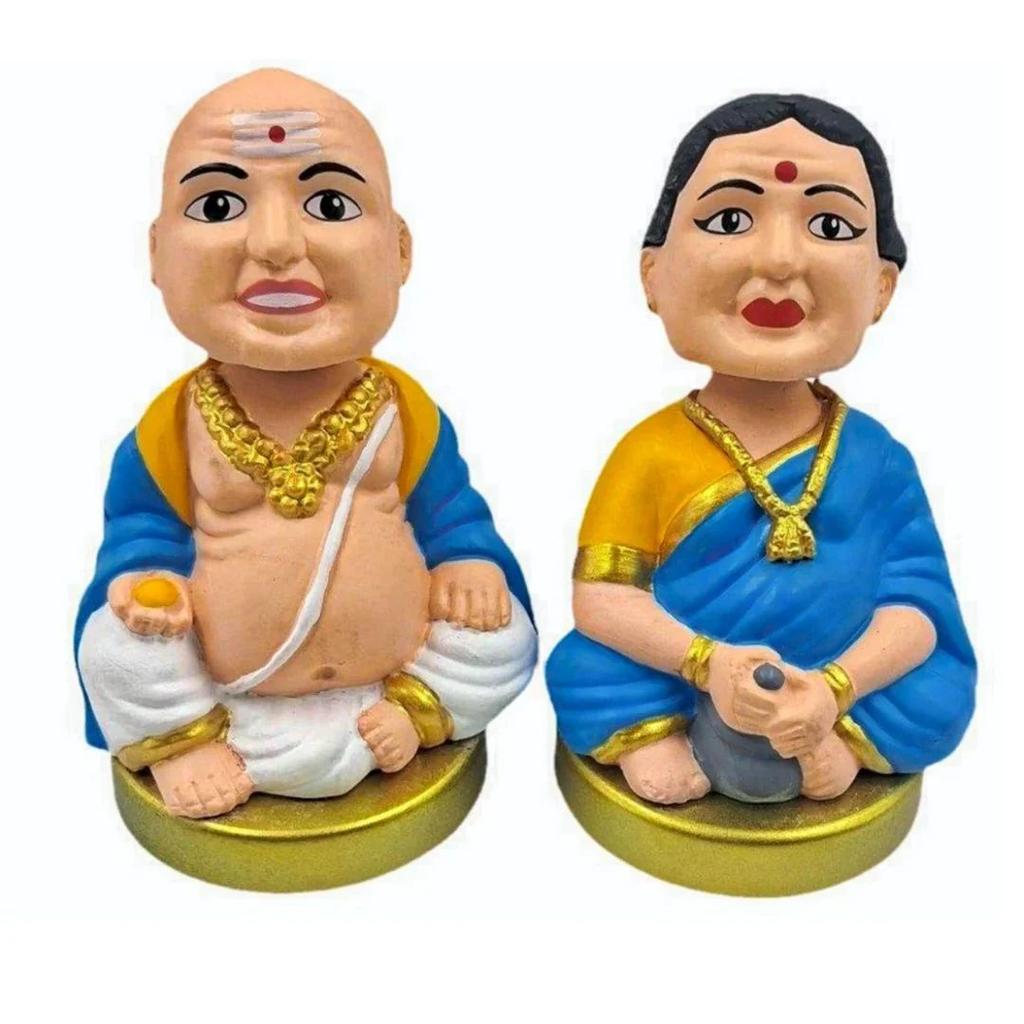 Grandpa n Grandma Figurine Set – HandPainted Home Décor — Blue Dress
