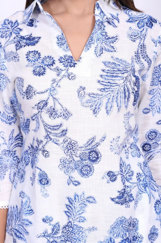 White Floral Printed Pure Cotton Straight Kurta with Straight Pant Set — photo 2