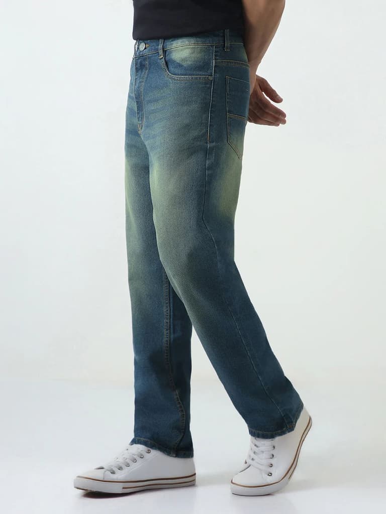 Men's Light Blue Straight Fit Heavy Washed Jeans Stretchable — photo 3