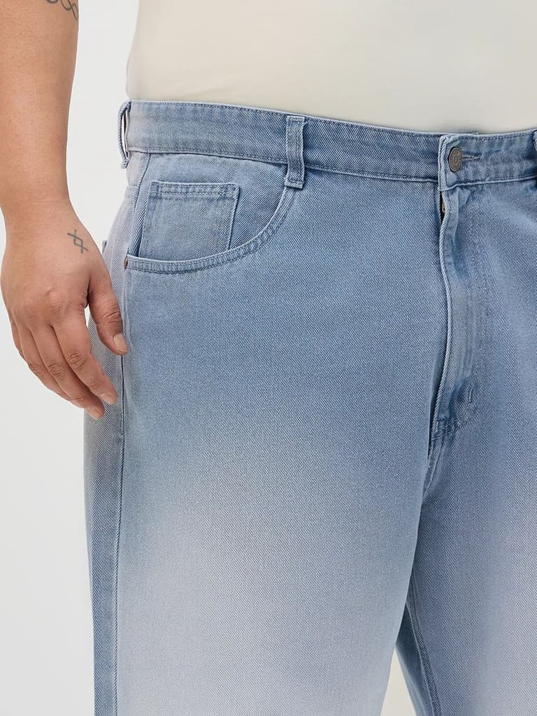 Plus Men's Ice Blue Loose Baggy Fit Heavy Washed Faded Denim Jeans Non-Stretchable — photo 5