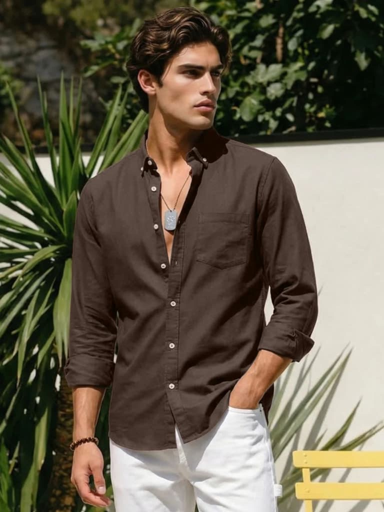 Men's Brown Cotton Full Sleeve Regular Fit Solid Oxford Shirt With Button-Down Collar — S / Brown