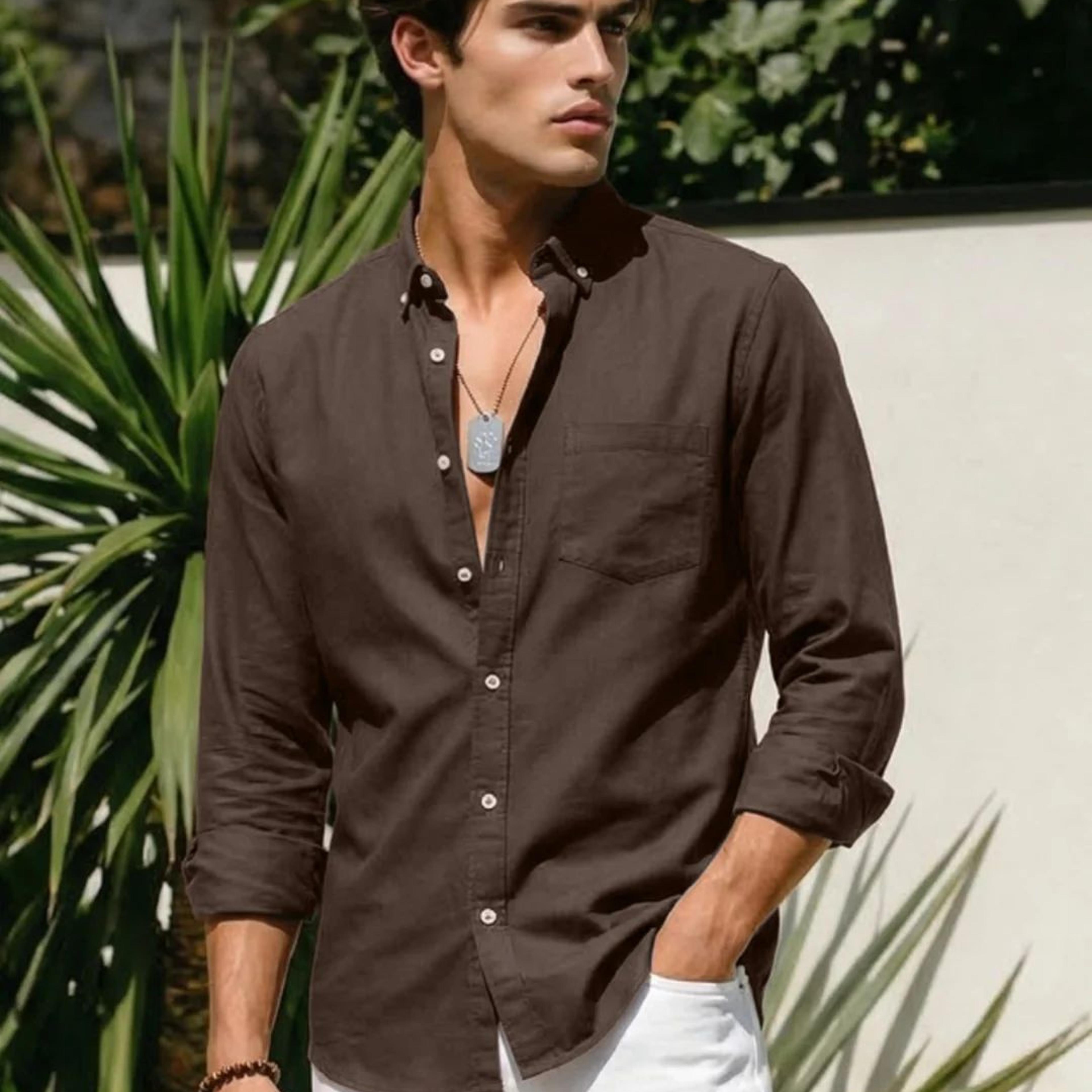 Men's Brown Cotton Full Sleeve Regular Fit Solid Oxford Shirt With Button-Down Collar