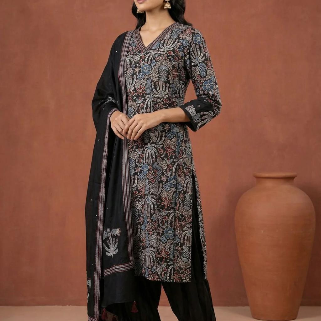Black Block Printed Floral Satin Straight Kurta with Salwar and Dupatta Set