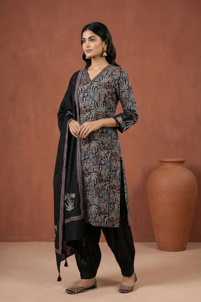 Black Block Printed Floral Satin Straight Kurta with Salwar and Dupatta Set — XS
