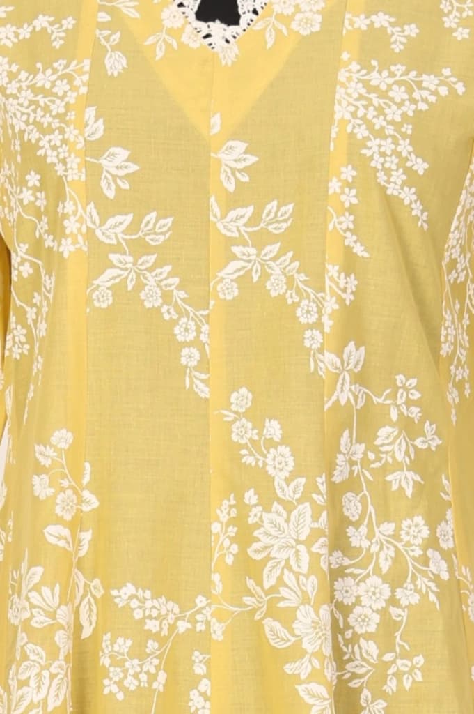 Yellow Floral Printed Lace Pure Cotton A-line Kurta — photo 2