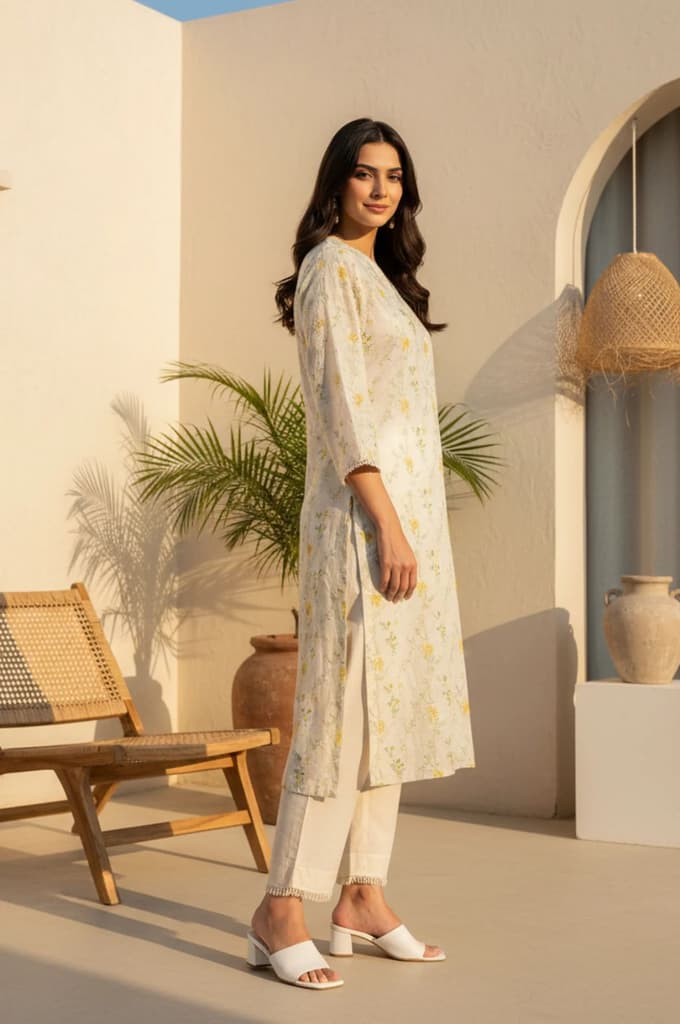 Off White Floral Printed Lace Rayon Straight Kurta — photo 4