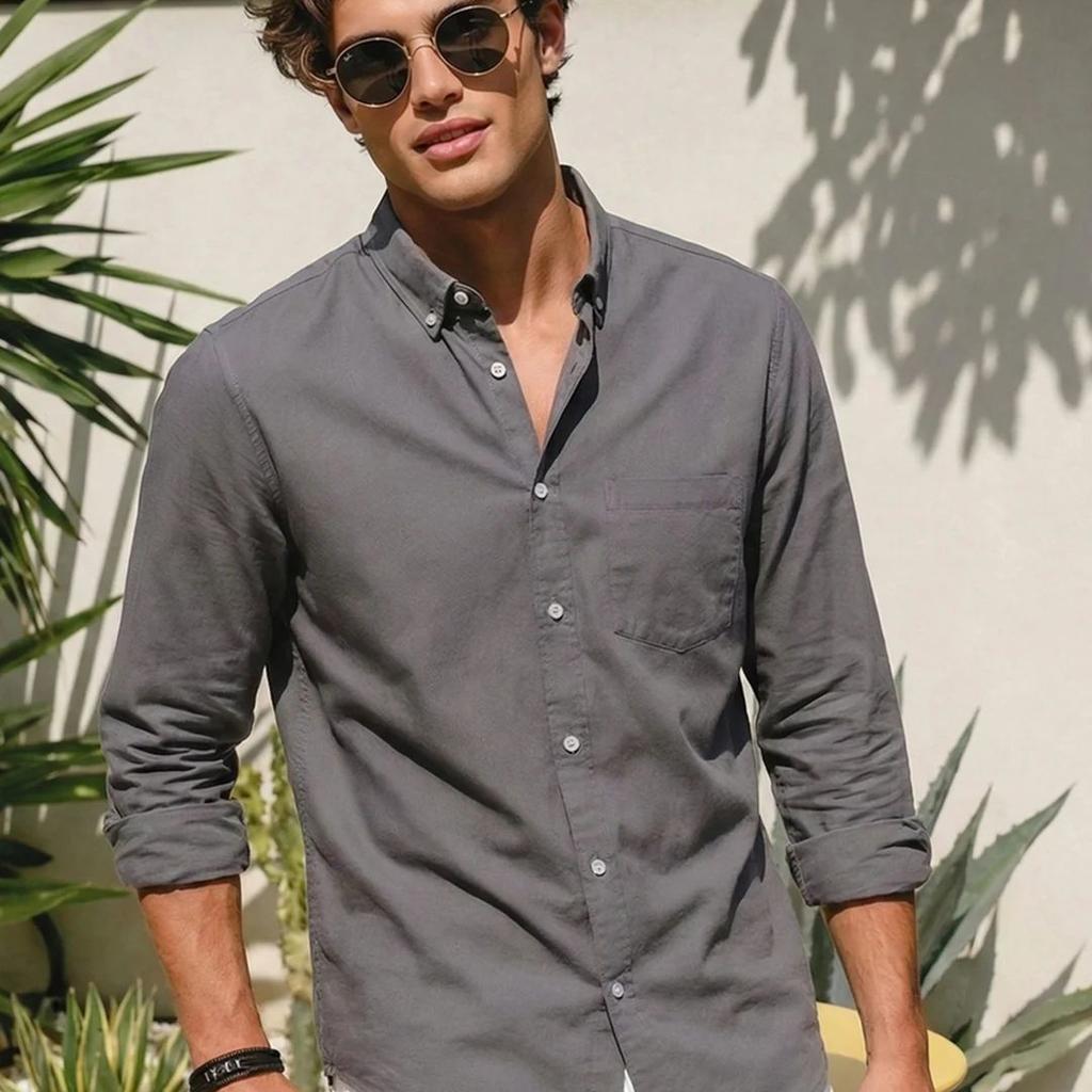Men's Grey Cotton Full Sleeve Regular Fit Solid Oxford Shirt With Button-Down Collar