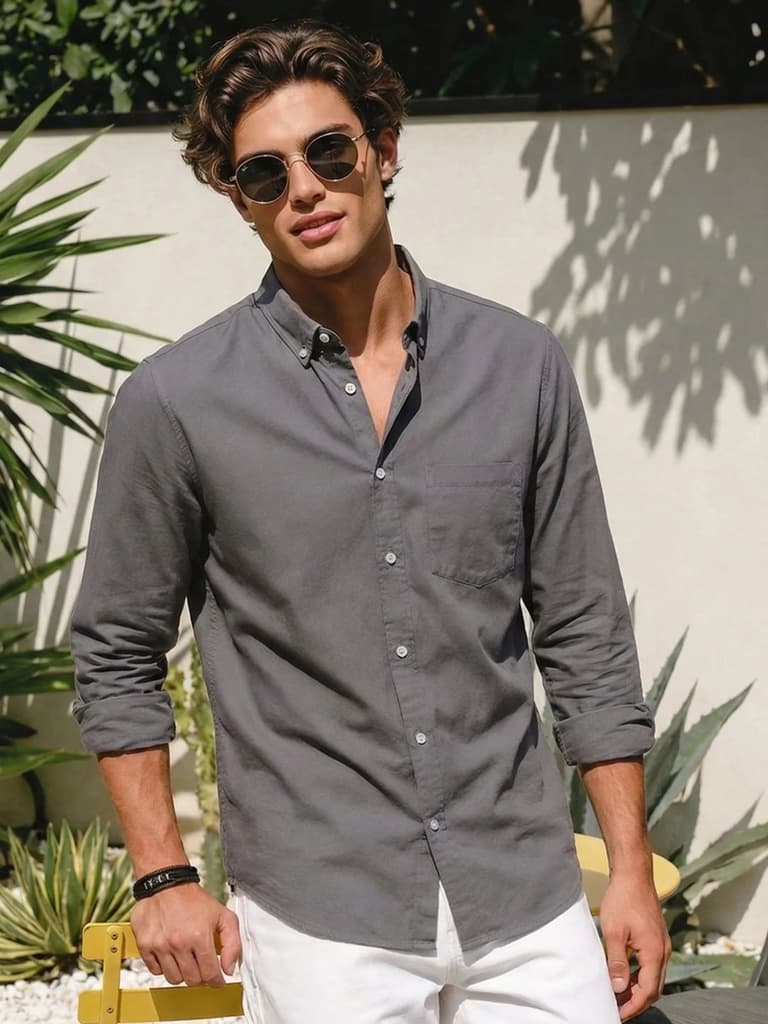 Men's Grey Cotton Full Sleeve Regular Fit Solid Oxford Shirt With Button-Down Collar — S / Grey