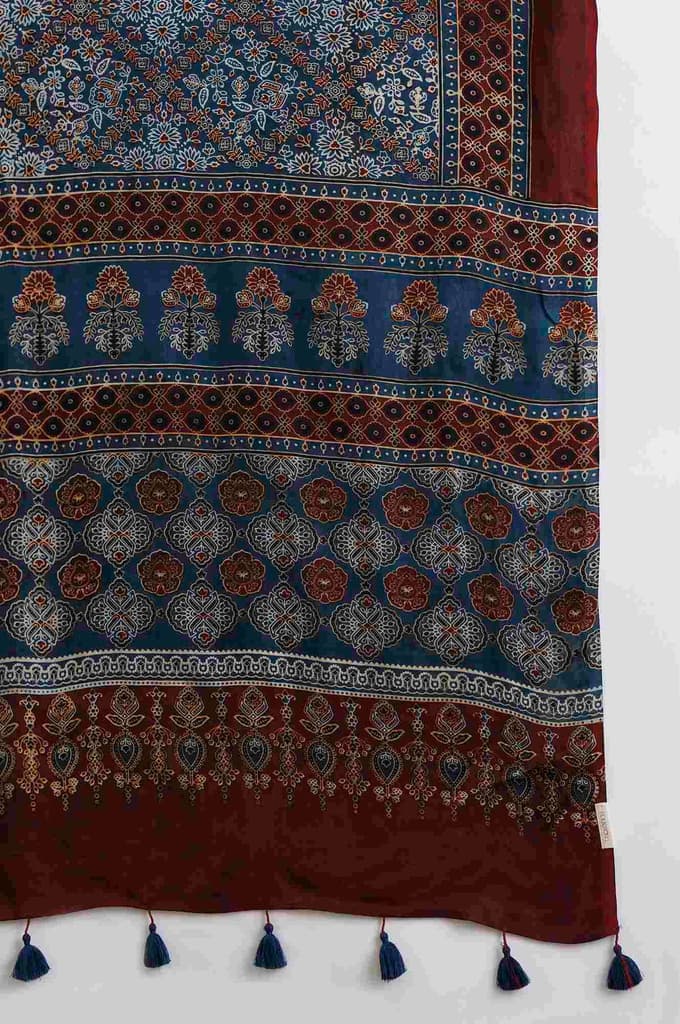 Blue Floral Printed Tassel Modal Satin Dupatta — photo 4